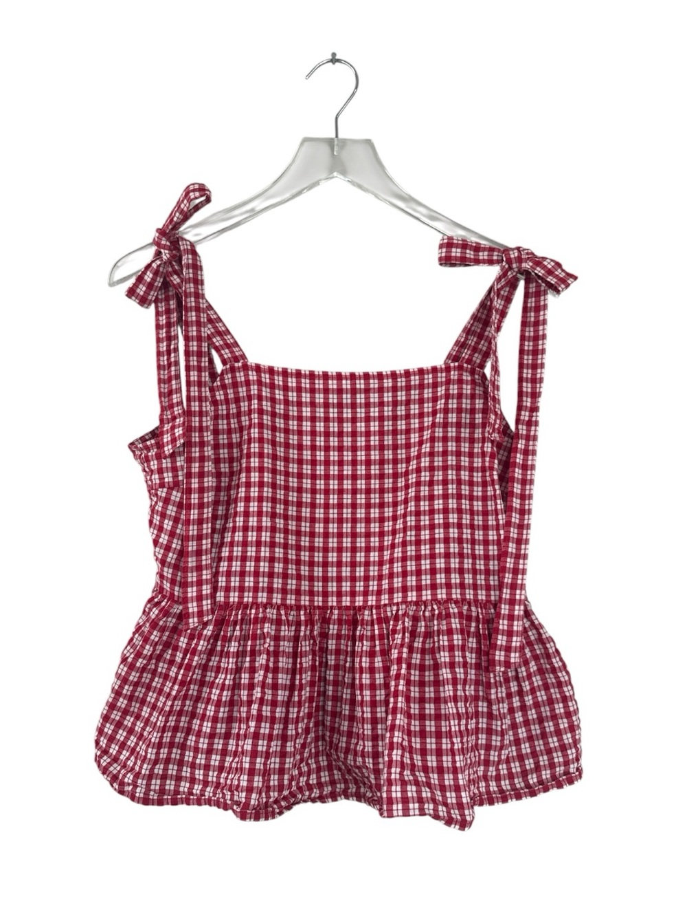 Madewell Rosalie Tie-Strap Top Seersucker Check Bandana Red Peplum Size M